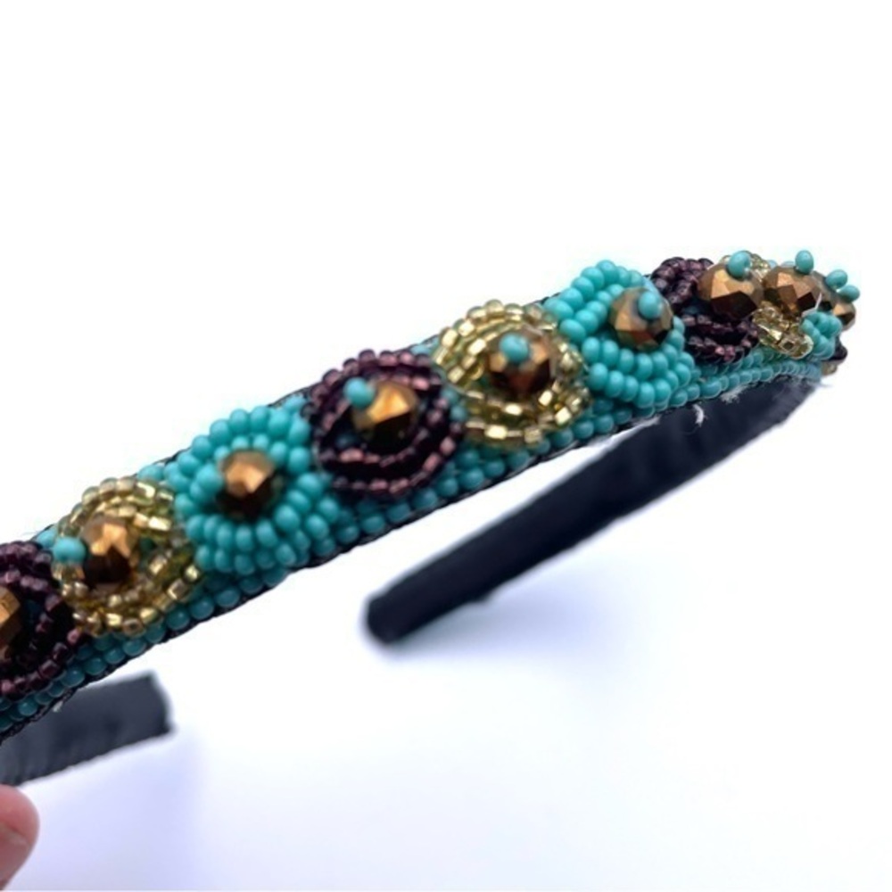 Beaded Headband Turquoise Blue Glass Beads Handmade In Guatemala